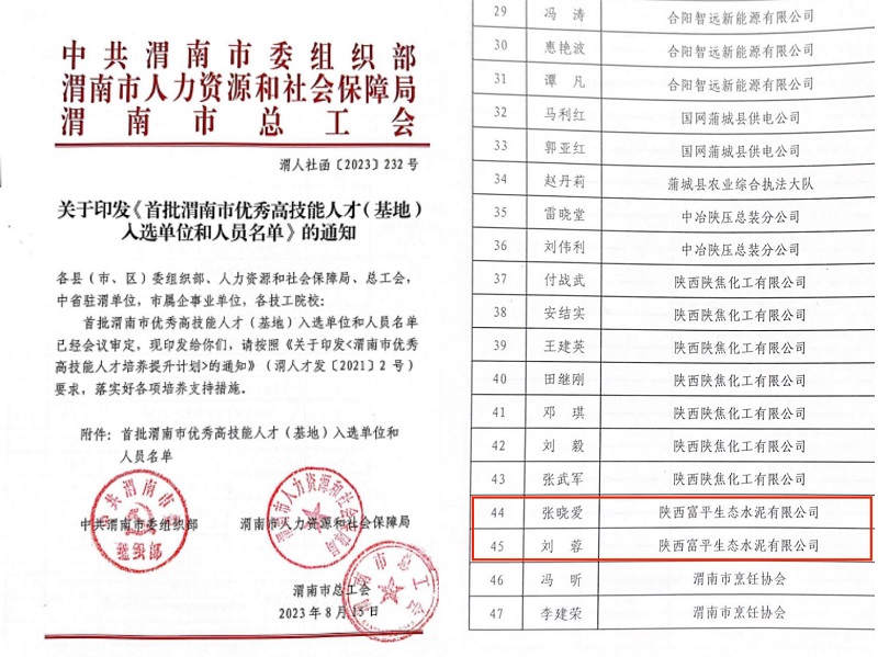 喜報(bào)！富平公司2人榮獲首批“渭南市技術(shù)能手”稱號(hào)