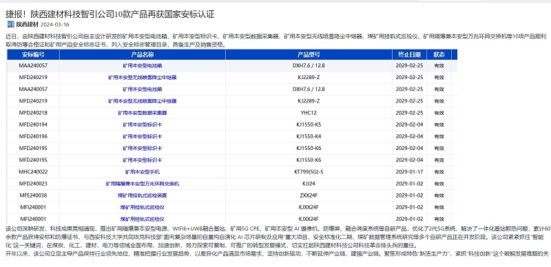 奮進陜煤、陜煤集團官網(wǎng) | 捷報！陜西建材科技智引公司10款產(chǎn)品再獲國家安標認證